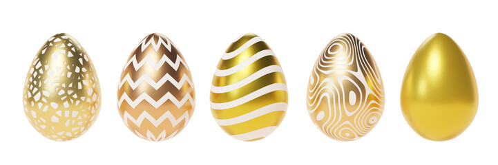 Set of Easter eggs decorated with golden patterns, 3d render