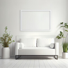 Frame mockup in living room. Wall art framed canvas poster mockup. Generative AI