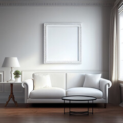 Frame mockup in living room. Wall art framed canvas poster mockup. Generative AI