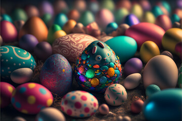 Background of many colorful Easter eggs created with generative AI technology