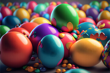 Fototapeta na wymiar Background of many colorful Easter eggs created with generative AI technology
