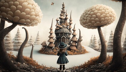 A Little Girl Stands in a Fairy Tale Landscape Created by Generative AI Technology