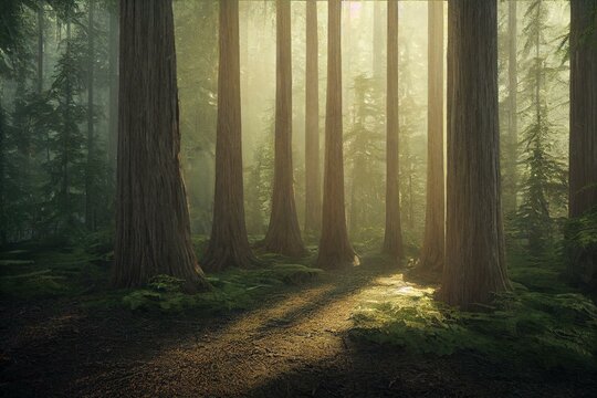 Aerial: Beautiful Sunlit Redwood Forest Interior. Generative AI