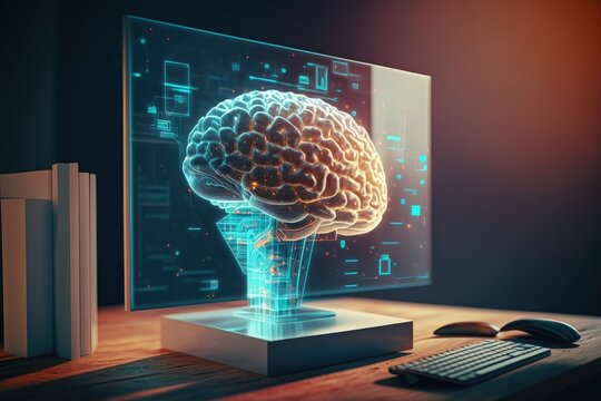 Innovative artificial intelligence concept with a hologram of the human brain and a contemporary desktop computer in the background. Multiexposure. Generative AI