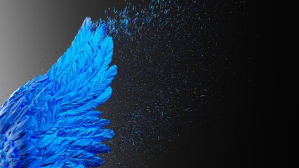 Metallic blue tone black wing with blue particles under black-white lighting background. Concept image of free activity, decision without regret and strategic action. 3D CG. 3D illustration.