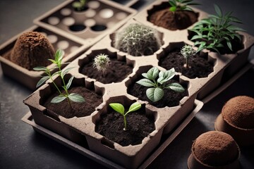 plants in peat moss pots. seed trays for young plants and agricultural use. Generative AI - obrazy, fototapety, plakaty
