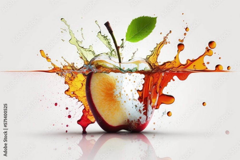 Canvas Prints Apple and juice splashed over a white background. Generative AI