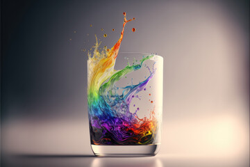 A glass filled with colorful liquid on top of a table, computer graphics, computer art, vivid colors, behance hd, vibrant colors, generative AI