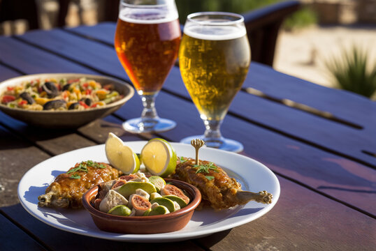 Spanish tapas on a table, at sunset, with fresh beer. Ai generated