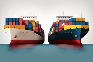 Simple illustration of two cargo ships with containers, sailing together. Ai generated