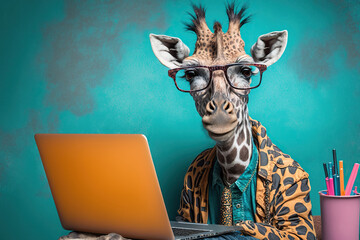 Naklejki  Studio photo portrait of a happy giraffe in hipster clothes working on laptop, concept of Vibrant Colors and Creative Pose, created with Generative AI technology
