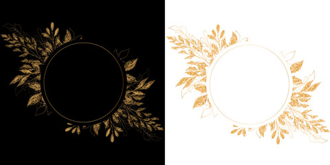 Elegant luxury frames, floral wreath, сircle monogram with hand drawn wild herbs and flowers. Vector illustration for invitation or wedding decor, logo, labels, branding, business identity