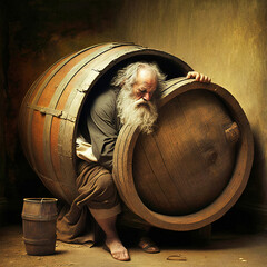 Drunk Diogenes in his barrell - generative ai - obrazy, fototapety, plakaty