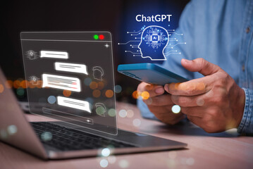 Futuristic technology transformation, Chatbot Chat with AI , Artificial Intelligence. man hand...