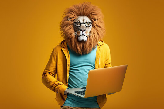 Studio photo portrait of a happy lion in hipster clothes working in internet using laptop, concept of Hipster Style and Animal Portrait, created with Generative AI technology