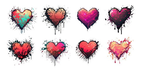 Cartoon set of hearts in grunge style isolated on white background. Design for print, book, sticker, poster. The concept of teenage love, creativity. Vector illustration
