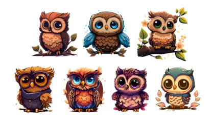 Wall murals Owl Cartoons Colorful cartoon set of cute fairy owls isolated on white background. Set of cartoon owls with plumage and beak for print, game interface, book, sticker or poster. The concept of cute owls. Vector