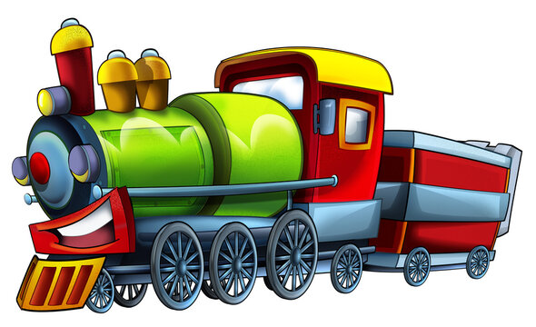 Cartoon funny looking steam train - isolated on white background - illustration for children