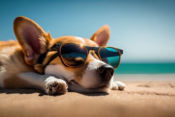 Cute Dog Sleeping on the Beach with Sunglasses (Created with Generative AI)