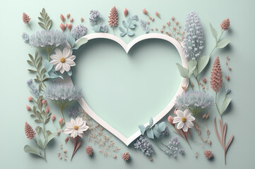 Heart frame with beautiful wild flower on white background. generative ai.