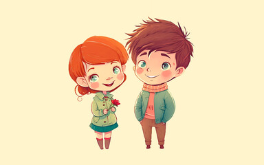 Cute boy and girlfriend, happy valentine, cartoon character illustration.