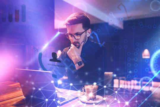 Big data management, digital technology, software development concept. Computer programmer, software engineer programming on laptop, data processing with computer code, technology background