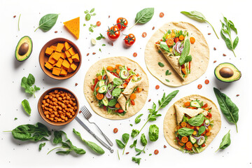 On a white background, in a flat lay, open vegan tortilla wraps with sweet potato, beans, avocado, tomatoes, pumpkin, and seedlings are displayed. Concept for a healthy vegan diet. Generative AI - obrazy, fototapety, plakaty