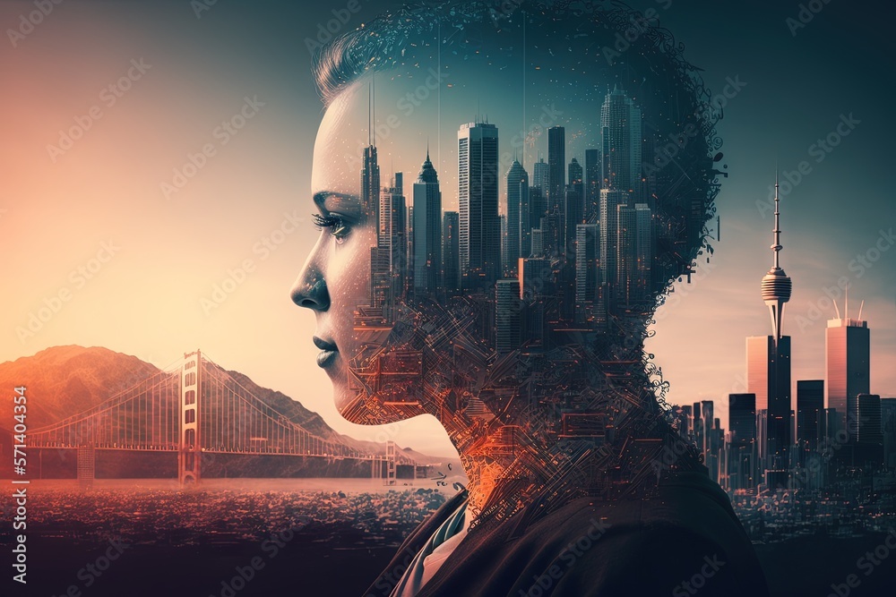 Poster creative artificial intelligence interface in double exposure against a backdrop of skyscrapers in s