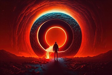 In front of the light circle of a black hole or a time portal, a man is seen standing in the red glow. Photographic art. Novel of science fiction. Copy space. Generative AI - obrazy, fototapety, plakaty