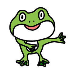 green frog welcome pose, character design, cute cartoon isolated , graphic design for presentation, marketing, art, illustration, t-shirt design, cartoon, comic, advertising, online media