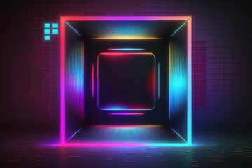 Neon hologram background cube with copy space for text. Generative AI illustration