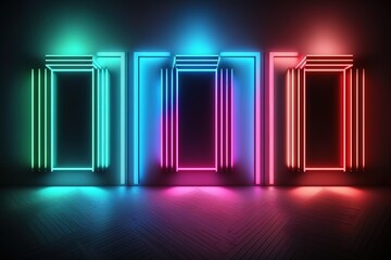 Neon lights door frames. Colorful abstract background. Generative AI illustration