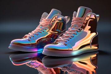 Pink holographic bright shoes. Close up, 3D render style. Generative AI illustration