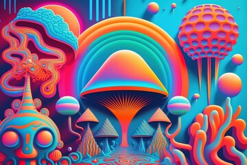 Psychedelic lysergic colorful banner. Perfect for printing, festival banner, copy space. Generative AI illustration