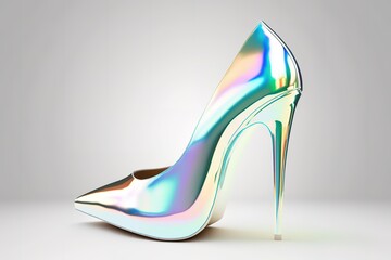 3D render style holographic shiny high heels shoe. Generative AI illustration