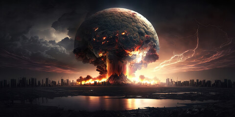 dystopic apolyptic explosion and fire and smoke in the destructed city, generative ai