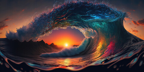 Fototapeta na wymiar wave breaking on the beach at sunset, generative ai