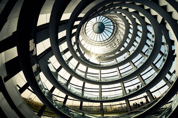 Modern spiral dome inside glass metal building spiral stairway. getaways, vacations. Fractal abstraction. Generative AI