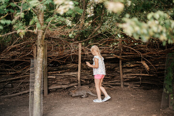 girl trying to pet a little kangaroo, summer day. Happy childhood