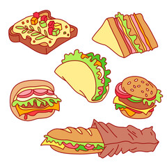 Sandwich, burger, taco, baguette, toast. Colorful hand drawn vector illustrations set isolated on background. Outline stroke is not expanded, stroke weight is editable  