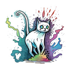 Sketchy Ghost Cat Art with Frightened Face, Splashy Colorful Background, Silly