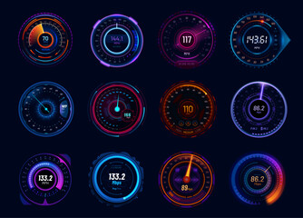 Futuristic car speedometer gauge neon dials - obrazy, fototapety, plakaty