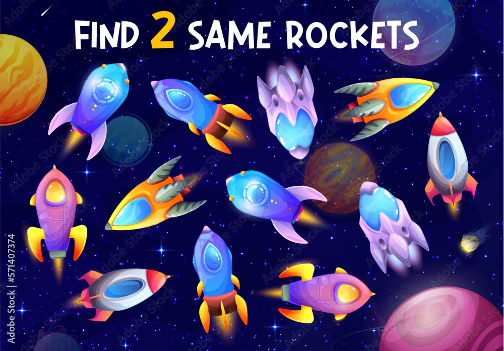 Poster kids game find two same rocket spaceships riddle