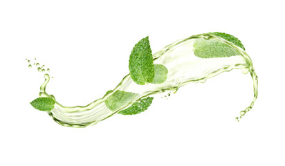 Green herbal tea splash and drops with mint leaves - obrazy, fototapety, plakaty
