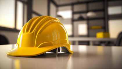  Close-up on one safety matte yellow plastic helmet on a metal table indoors with a clean cold modern industry background.	