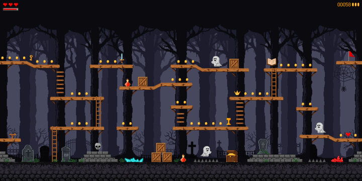 Night forest and cemetery game level screen map