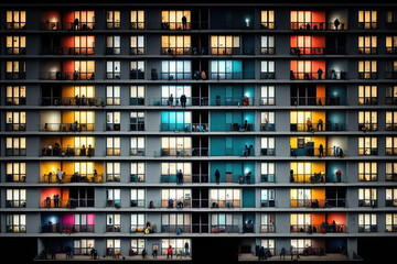 Colorful facade of a modern office or apartment building features windows and balconies, generative ai