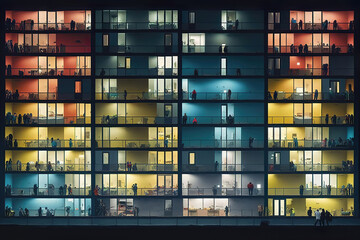 Colorful facade of a modern office or apartment building features windows and balconies, generative ai