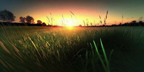 field of grass during sunset. Generative AI