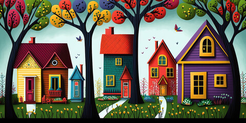 Obraz na płótnie Canvas houses in the park, lovely neighbourhood illustration, generative ai